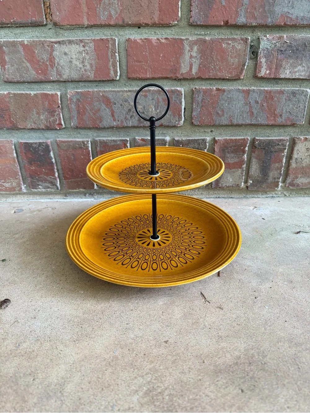 Homer Laughlin Speckled Mustard Yellow Plate Tiered Tray - Handmade